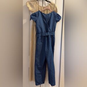 Set of 2 Jumpsuits: One Blue and One Gold.